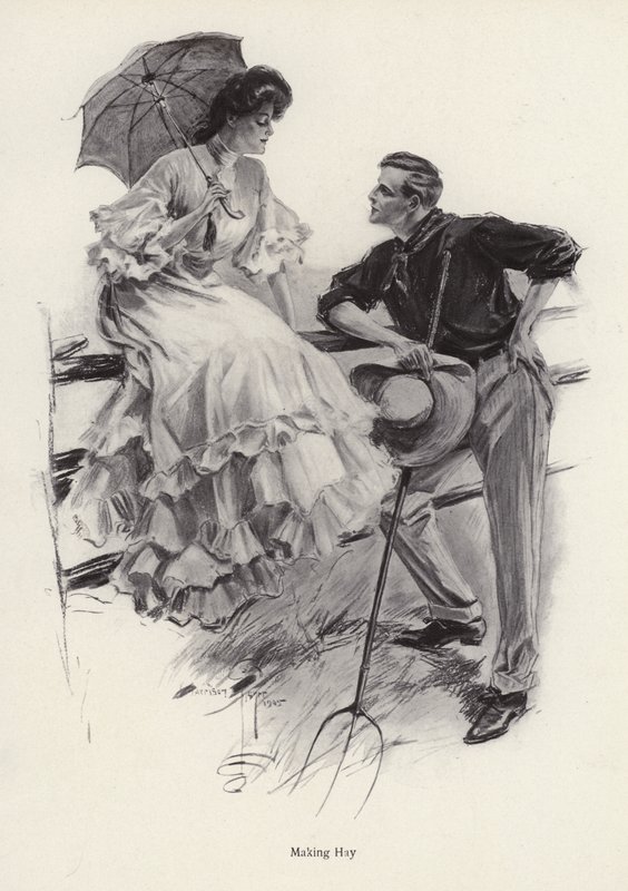 Un fermier fait une pause dans son travail pour flirter avec une jeune femme - Harrison Fisher