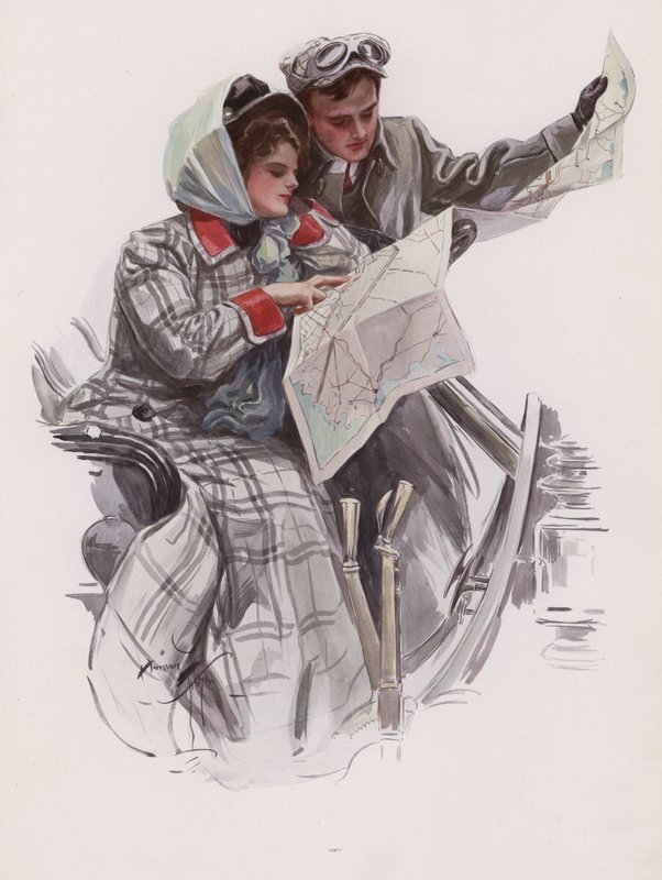 Homme et femme lisant une carte dans une voiture - Harrison Fisher