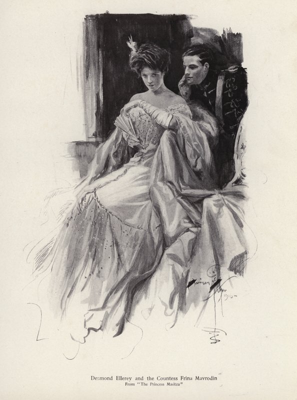 Deux personnages, Desmond Ellery et la comtesse Frina Mavrodin du roman The Princess Moritza, de Percy Brebner - Harrison Fisher