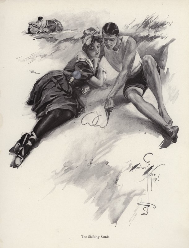 Deux amoureux dessinant des cœurs dans le sable à la plage - Harrison Fisher