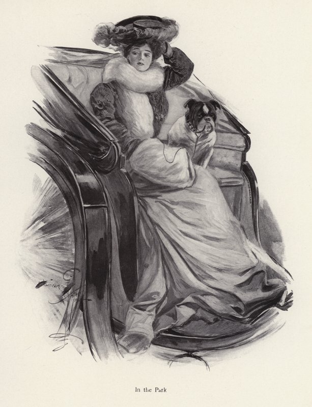 Femme assise dans une calèche avec son chien - Harrison Fisher
