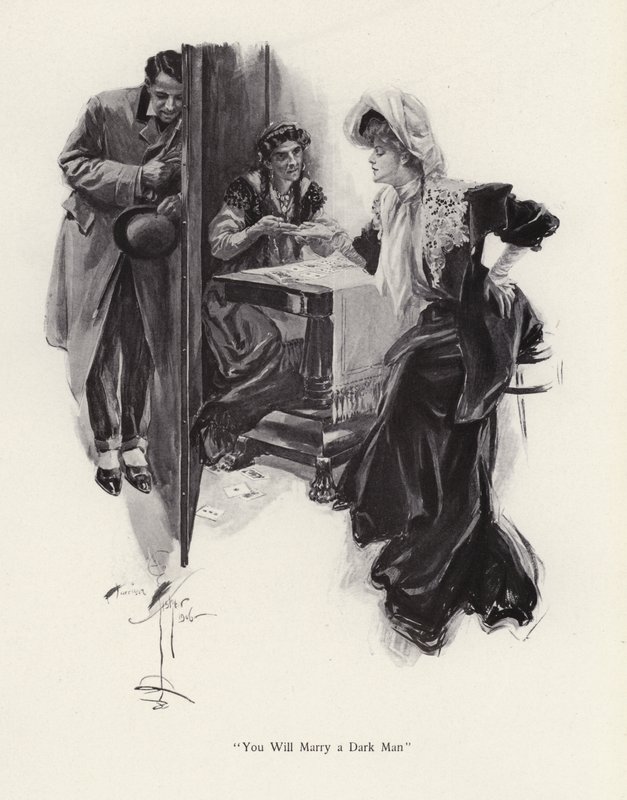 Jeune femme se faisant lire son avenir par une gitane - Harrison Fisher