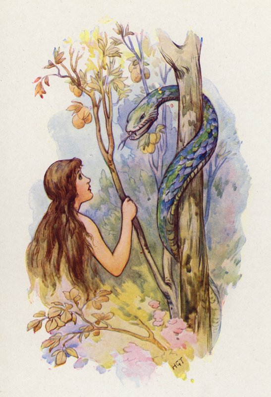 Eve regarde le serpent avec étonnement (lithographie couleur) - Harry George Theaker
