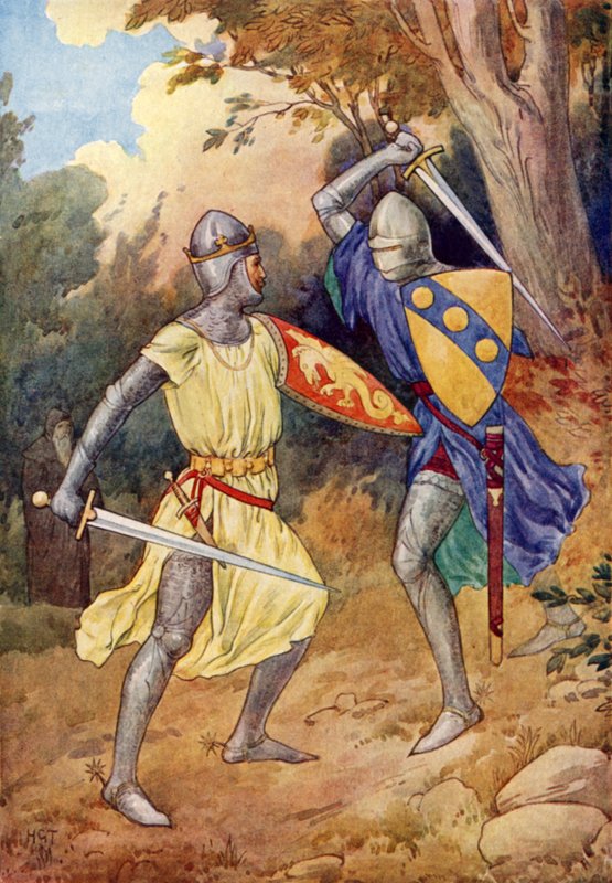 Le roi Arthur se bat avec le chevalier étranger (lithographie couleur) - Harry George Theaker