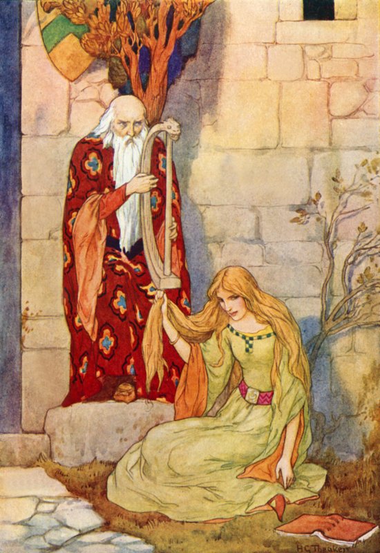 Merlin jouant de la harpe avec la fée Nimue (lithographie couleur) - Harry George Theaker