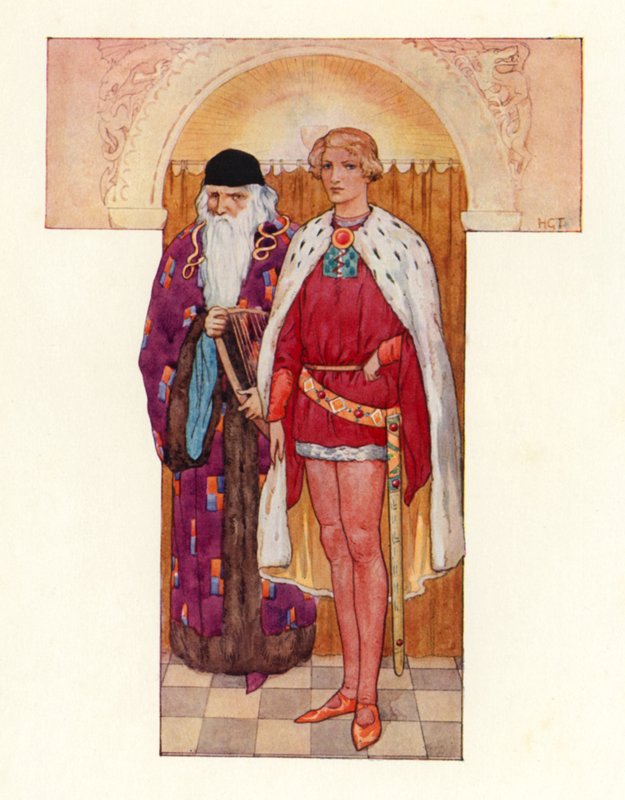 Merlin avec Galahad à ses côtés (lithographie couleur) - Harry George Theaker