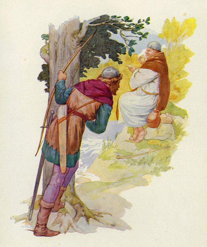 Sur un petit monticule à côté du gué, un homme énorme rongeait une grande pâtisserie de chevreuil (lithographie en couleur). - Harry George Theaker