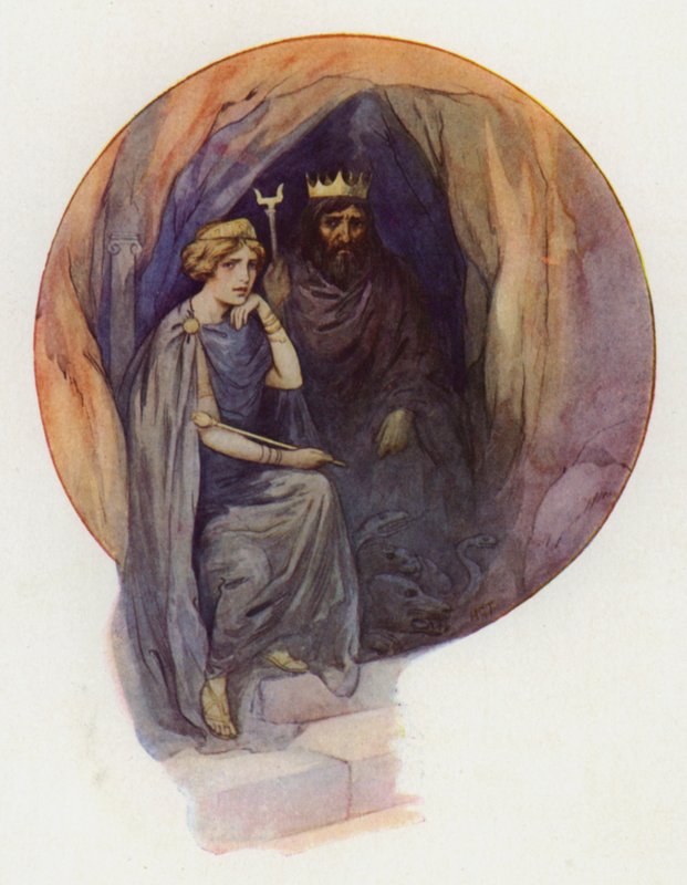 Proserpine assise, vêtue de longues robes noires, sur un grand trône noir, avec à ses côtés le roi noir et féroce (lithographie en couleurs) - Harry George Theaker