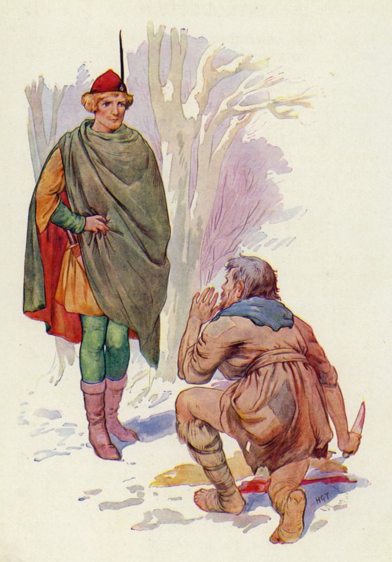 Sebald lui fait face, le couteau levé et la terreur sur son visage décharné (lithographie couleur). - Harry George Theaker