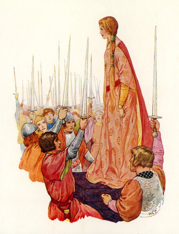 Les chevaliers saluant la princesse Guenièvre, leur future reine (lithographie couleur) - Harry George Theaker