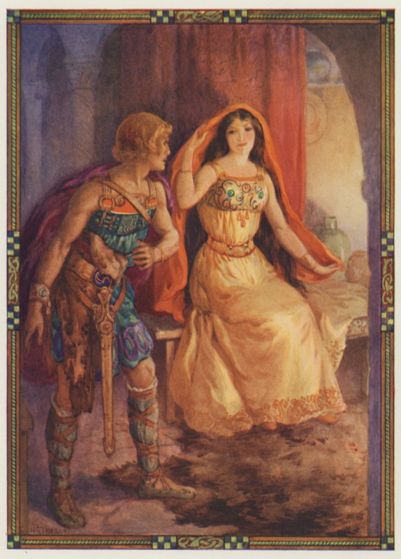 "La dame découvrit son visage", The Loathly Lady and the Gallant Knight (lithographie couleur) - Harry George Theaker