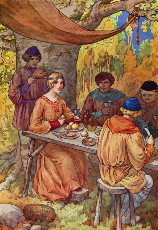 Ils ont festoyé joyeusement, avec Marion à leur table (lithographie couleur) - Harry George Theaker