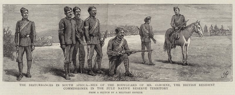Les troubles en Afrique du Sud, hommes de la garde du corps de M. Osborne, le commissaire résident britannique dans le territoire de la réserve des Zoulous - Harry Hamilton Johnston