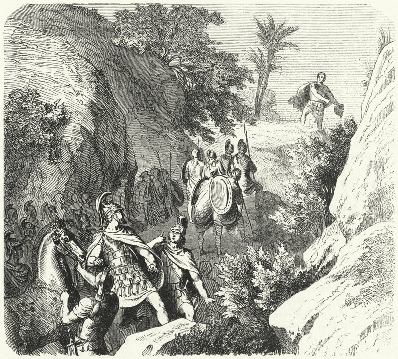 Persée de Macédoine en marche à travers les gorges de Thessalie (gravure) - Heinrich Leutemann
