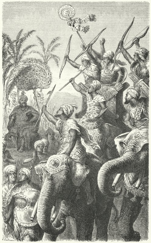 Porus, roi des Pauravas, passant en revue ses éléphants de guerre - Heinrich Leutemann