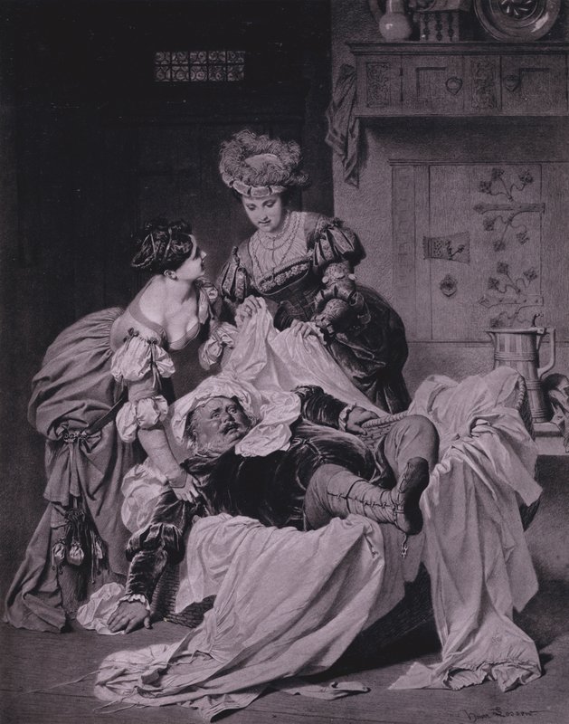 Scène de Les Joyeuses Commères de Windsor de Shakespeare (Acte III, Scène 3) (lithographie) - Heinrich Lossow