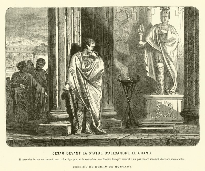 Jules César devant une statue d