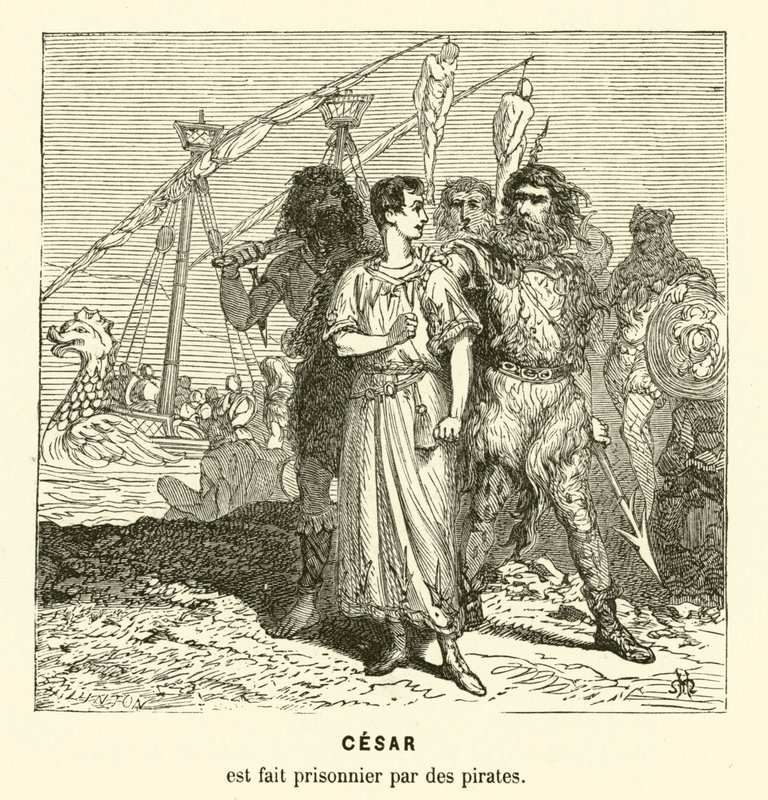 Jules César fait prisonnier par des pirates ciliciens en traversant la mer Égée, vers 75 av. J.-C. (gravure) - Henri de (after) Montaut