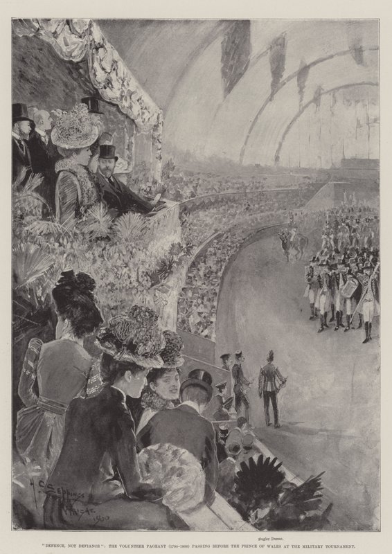 Défense, pas défi, le défilé des volontaires (1798-1900) passant devant le Prince de Galles au tournoi militaire - Henry Charles Seppings Wright