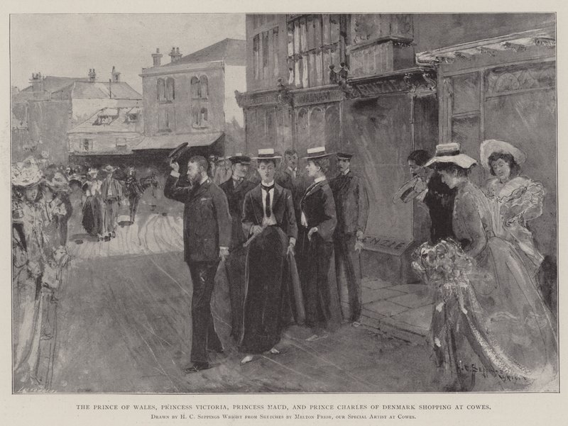 Le prince de Galles, la princesse Victoria, la princesse Maud et le prince Charles de Danemark faisant des achats à Cowes - Henry Charles Seppings Wright