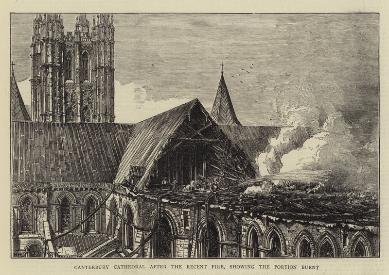 Cathédrale de Canterbury après le récent incendie, montrant la partie brûlée - Henry William Brewer