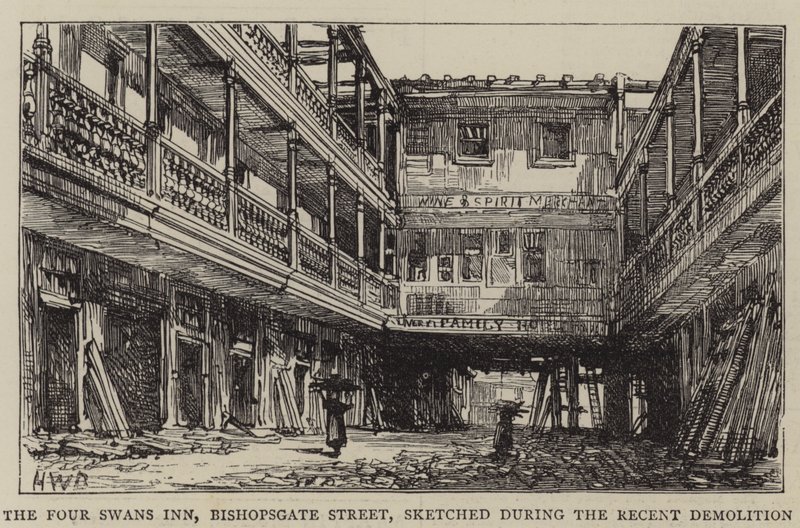 The Four Swans Inn, Bishopsgate Street, esquissé pendant la démolition récente - Henry William Brewer
