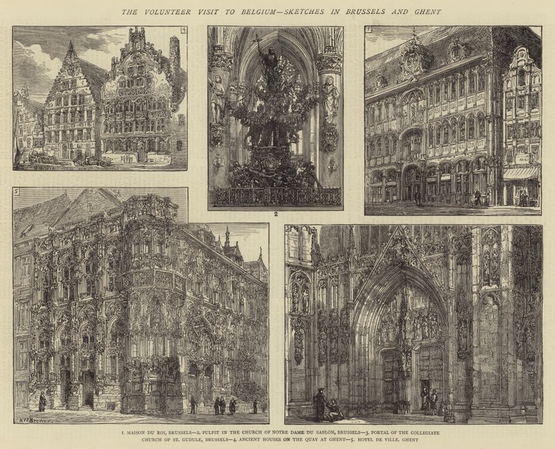 La visite des volontaires en Belgique, croquis à Bruxelles et Gand - Henry William Brewer