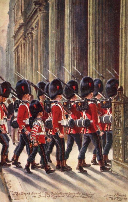 Les Coldstream Guards entrant à la Banque d