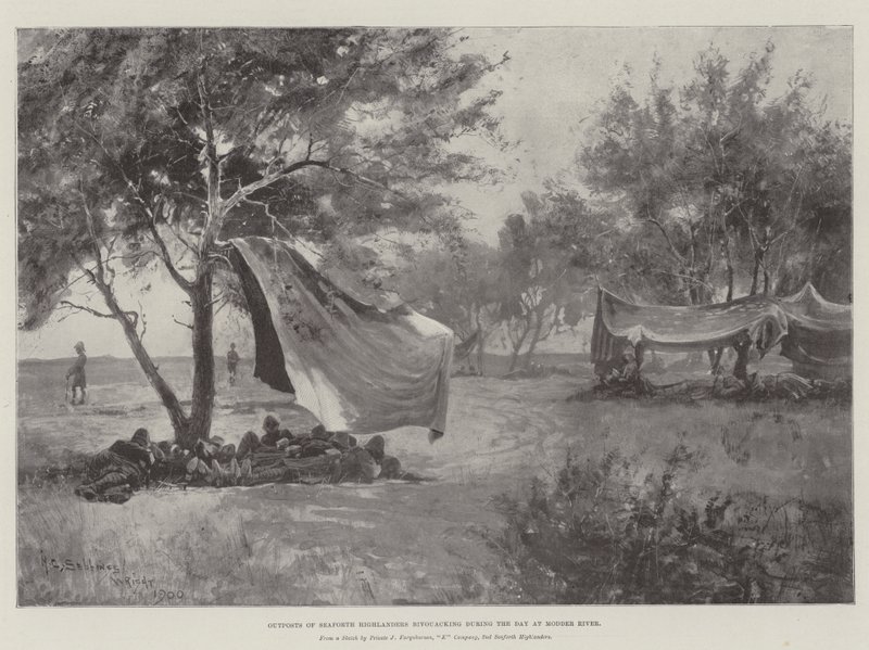 Avant-postes des Seaforth Highlanders bivouaquant pendant la journée à Modder River - Henry Charles Seppings Wright