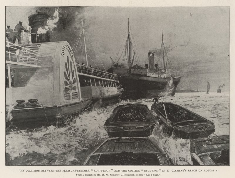 La collision entre le bateau de plaisance Koh-i-Noor et le charbonnier Huguenot à St Clement