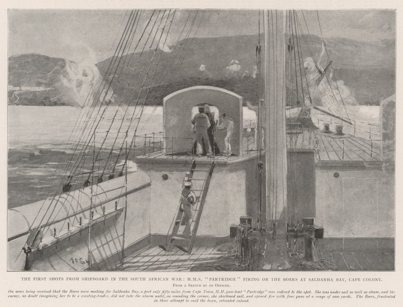 Les premiers coups de feu depuis un navire dans la guerre sud-africaine, HMS Partridge tirant sur les Boers à Saldanha Bay, Colonie du Cap - Henry Charles Seppings Wright