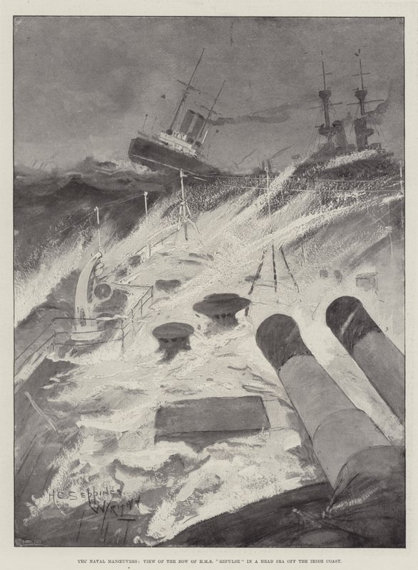 Les manœuvres navales, vue de la proue du HMS Repulse dans une mer de tête au large de la côte irlandaise - Henry Charles Seppings Wright