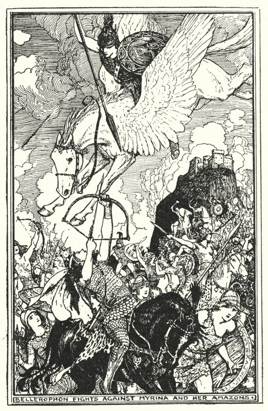 Bellérophon combat Myrina et ses Amazones (lithographie) - Henry Justice Ford