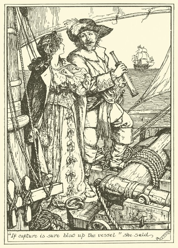 "Si la capture est certaine, faites sauter le navire" dit-elle (gravure) - Henry Justice Ford