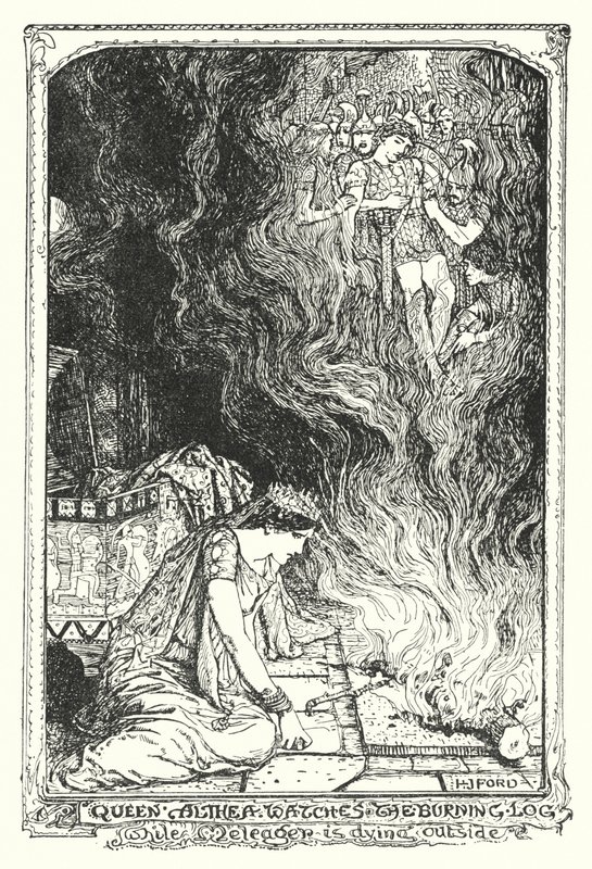 La reine Althea regarde la bûche brûlante tandis que Méléagre meurt dehors (litho) - Henry Justice Ford