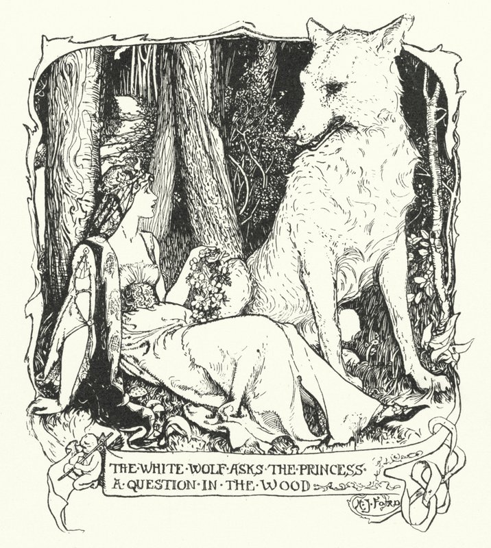 Le loup blanc pose une question à la princesse dans le bois (gravure) - Henry Justice Ford