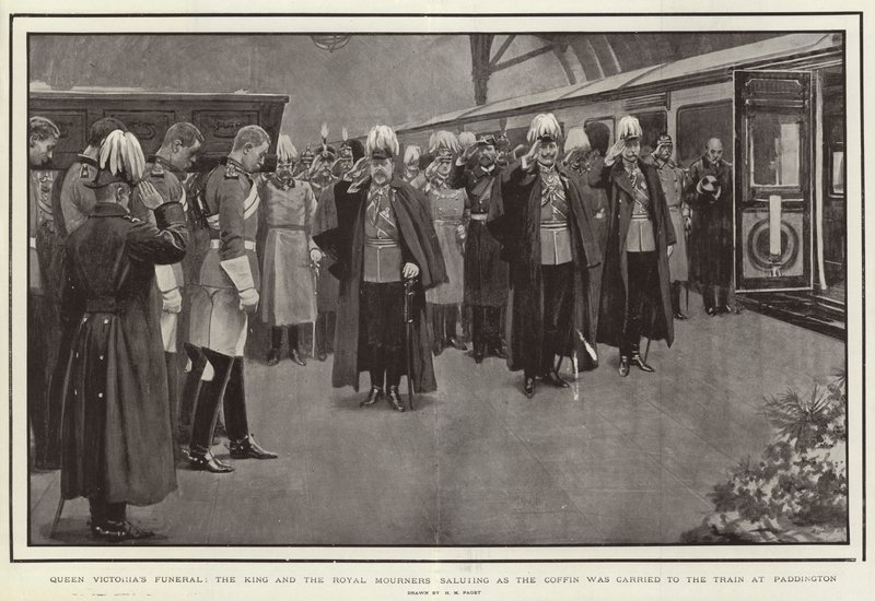Funérailles de la reine Victoria, le roi et les membres de la famille royale saluant alors que le cercueil était transporté vers le train à Paddington - Henry Marriott Paget