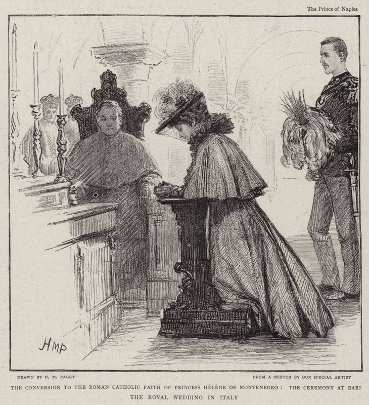 La conversion à la foi catholique romaine de la princesse Hélène de Monténégro, la cérémonie à Bari le mariage royal en Italie - Henry Marriott Paget