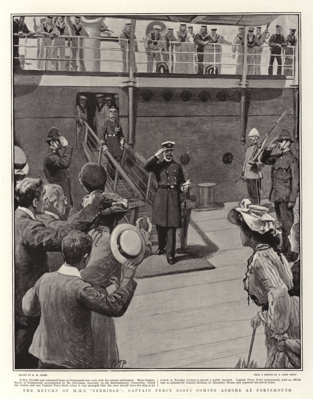 Le retour du H.M.S. Terrible, le capitaine Percy Scott débarquant à Portsmouth - Henry Marriott Paget
