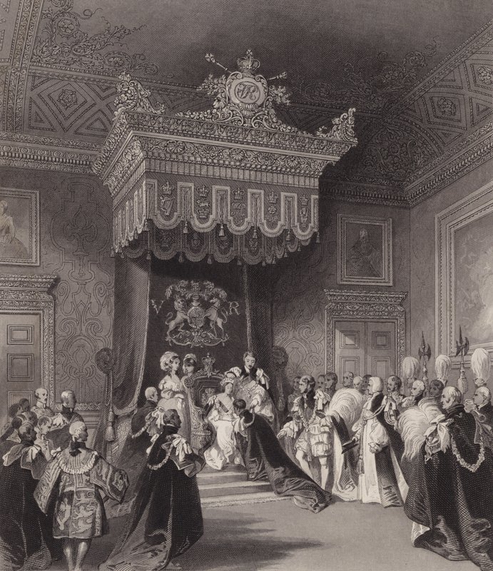La reine Victoria sur le trône, palais de St James, Londres - Henry Melville