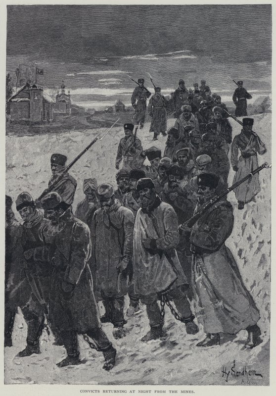 Kara, les condamnés revenant la nuit des mines (lithographie) - Henry Sandham