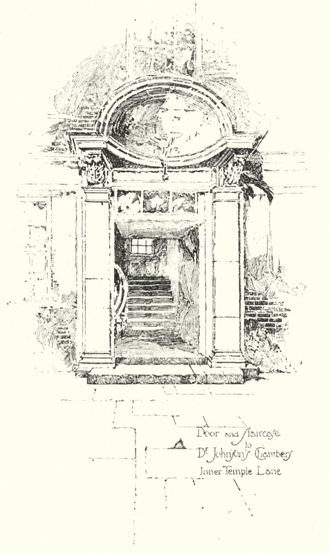 Porte et escalier des chambres du Dr Johnson, Inner Temple Lane, Londres - Herbert (after) Railton