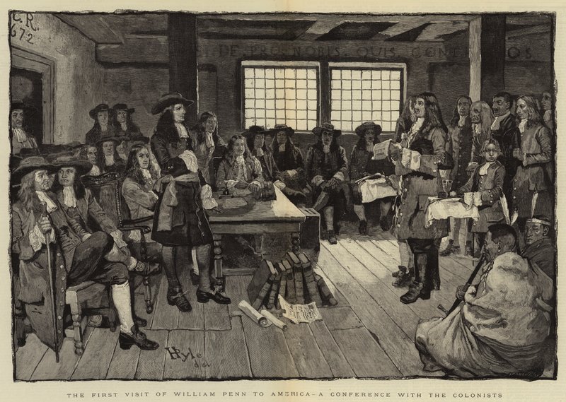 La première visite de William Penn en Amérique, une conférence avec les colons - Howard Pyle
