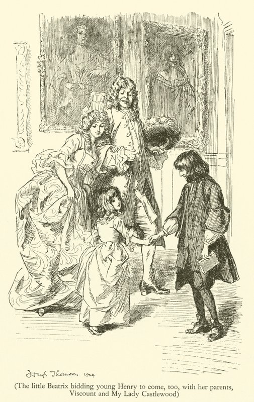 La petite Béatrix invitant le jeune Henry à venir aussi, avec ses parents, le vicomte et ma dame Castlewood - Hugh Thomson