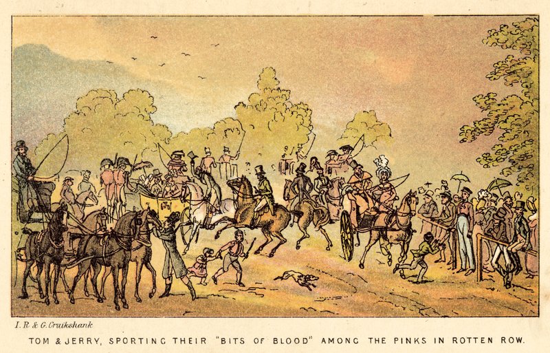 Tom et Jerry, exhibant leurs Bits of Blood parmi les roses à Rotten Row - Isaac, Robert and George Cruikshank
