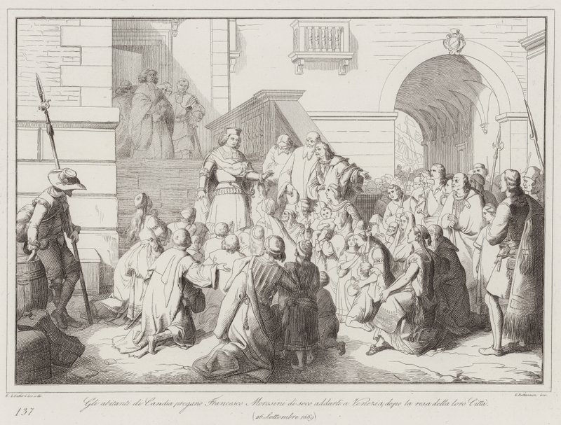 Les habitants de Candie prient Francesco Morosini de les emmener à Venise après la reddition de leur ville - Italian School