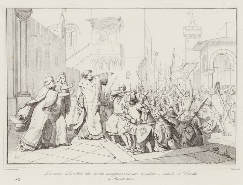 Leonardo Dandolo tente courageusement de calmer les rebelles de Candie - Italian School
