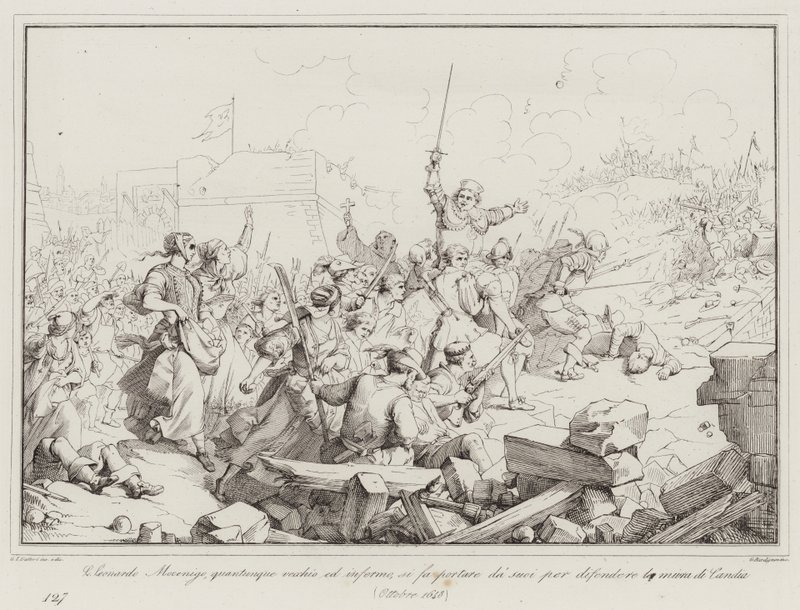 Luigi Leonardo Mocenigo, bien que vieux et malade, se fait porter par les siens pour défendre (gravure) - Italian School