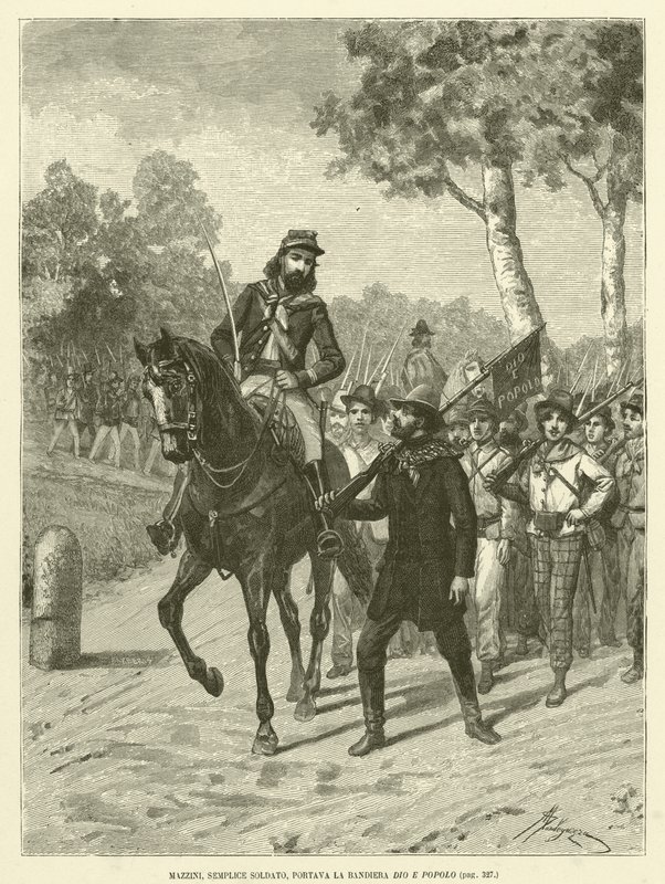 Mazzini, simple soldat, portait le drapeau Dieu et Peuple (gravure) - Italian School