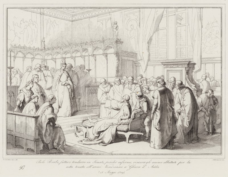 Paolo Barbo, se faisant traduire au Sénat, car malade, encourage les esprits abattus par la défaite (gravure) - Italian School